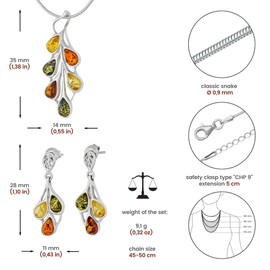 AMBEDORA Small Women's Jewellery Set Amber 458, Polished Sterling Silver, Colourful Baltic Amber, Silver Pendant on Chain and Earrings