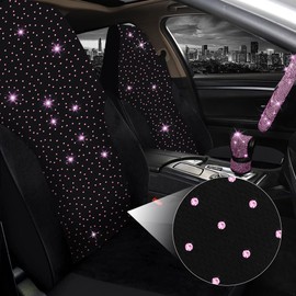Jusen 17 Pack Bling Car Seat Covers Set Car Diamond Accessories Rhinestone Crystal Steering Wheel Cover, Bling Velvet Breathable Glitter Center Console Pad Universal Car Interio (Full Set/Pink)