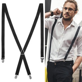 QESSUVNC Braces for Men Strong Men's Braces Narrow 2.5 cm 4 Metal Clip Long One Size for Men and Women Adjustable Length for Women Office and Elastic X Style, black