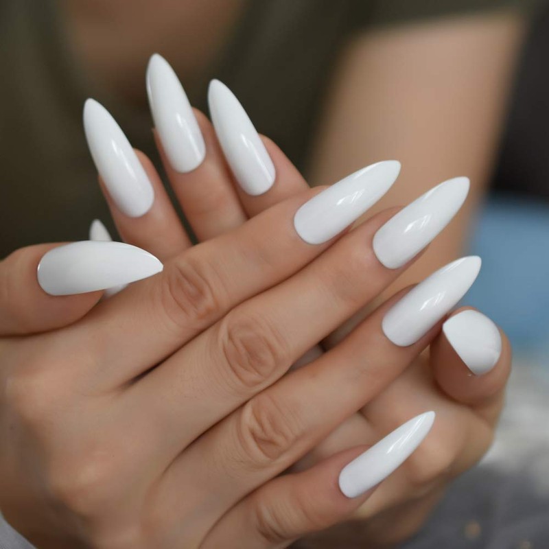 MISUD Extra Long False Nails Pure White Glossy Pointed Claw