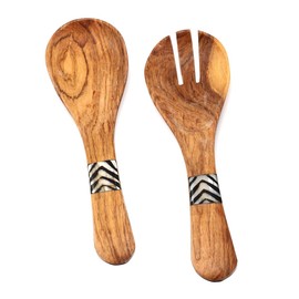 Global Crafts Small 8-inch Olive Wood Kenyan Salad Servers with Bone Inlay, Set of 2 (KWF009I)