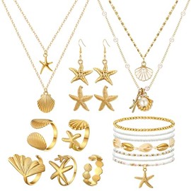 16-piece Seashell & Starfish Jewellery Set – Seashell Earrings, Rings, Boho Layer Necklace, Summer Beach Bracelets and Natural White Ankle Bracelet Set for Holiday & Vacations – Gift for Women