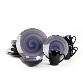 HomeVss, Sonoma Stoneware 16pc Dinnerware Set, Outside Black + Inside Hand Painting Color Cobalt