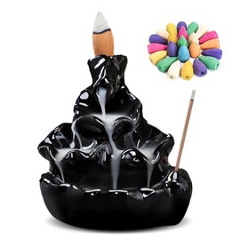 Backflow Incense Burner Waterfall, Reflux Incense Sticks, Ceramic Waterfall Incense Cones with 60 Incense Cones for Family, Office, Bedroom, Black