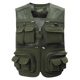 Gihuo Men's Fishing Vest Utility Safari Travel Vest with Pockets Outdoor Work Photo Cargo Fly Summer Vest (X-Large, Army green-mesh)