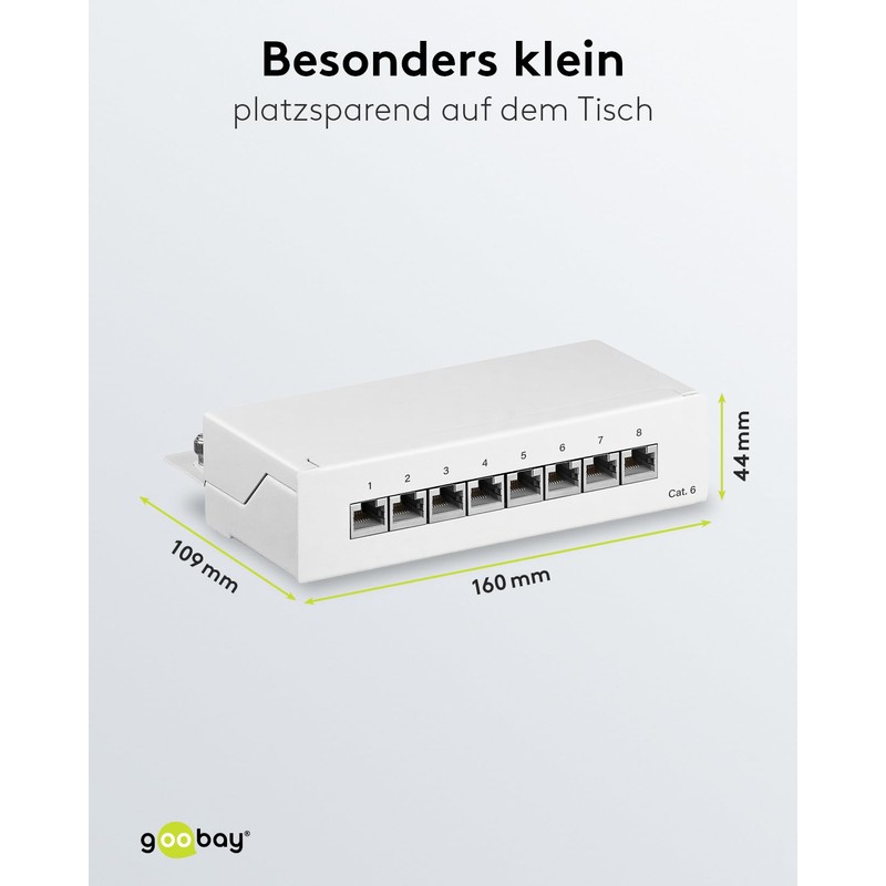 CAT 6 Mini/Desktop Patch Panel, 8 Port, White - STP