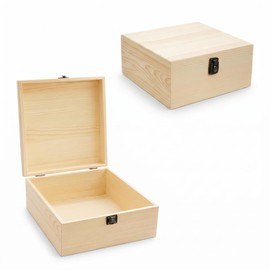 Barsha Space 9x9x4 Unfinished Wooden Box with Hinged Lid for DIY Crafts