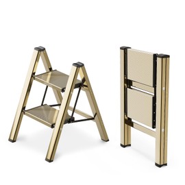 WOA WOA Step Ladder, 2 Step Foldable Step Stool with Widen Pedals, Portable Aluminum Stepladder, Compact Ladder for Space Saving, Home Ladders for Kitchen(300lbs, Gold)