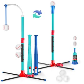 3-in-1 Baseball Set for Kids: Hanging Batting Tee + T Ball Stand Set Auto Ball Launcher for Toddlers & Youth Adjustable Height with 6 Balls 2 Bats Outdoor&Indoor Toys Sports Gifts for 3-12 Years Old