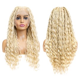 RAHELMO Gypsy Boho Box Braided Wig - Synthetic Knotless Braided Wigs for Black Women - Full Lace Square Parted, Glueless Wig with Natural Baby Hair (#613 Platinum Blonde, 24")