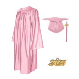 GradPlaza Shiny Graduation Cap and Gown 2025 Year Charm Tassel Set Pink Cap and Gown for Middle High School College Adult Size 42