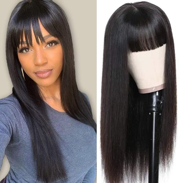Subella 9A Straight Human Hair Wigs with Bangs 150% Density Glueless Brazilian Machine Made None Lace Front Wigs for Black Women Natural Color (20inch, straight wig with bangs)