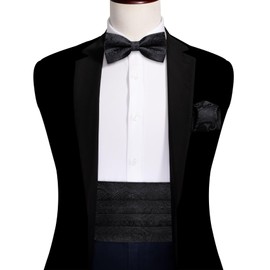 Barry.Wang Cummerbund Bow Tie Set for Men, Silk Cummerbund Pretied Bow Tie Pocket Square Cufflinks