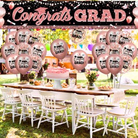 Graduation Party Decorations Rose Gold Graduation Banner Balloons Set Congrats Grad Yard Banner with 18pcs Balloons for Class of 2026 Party Sign Decor College High School Party Supplies Outdoor