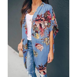 Ivay Womens Floral Kimono Duster Cardigans Short Sleeve Draped Oversized Beach Cover Up Cape (Sky blue, X-Large)