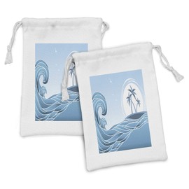 Lunarable Tidal Wave Fabric Pouch Set of 2, Palm Trees with Sun Silhouette Island Tides Seagulls, Small Drawstring Bag for Toiletries Masks and Favors, 9" x 6", Sea Blue Baby Blue