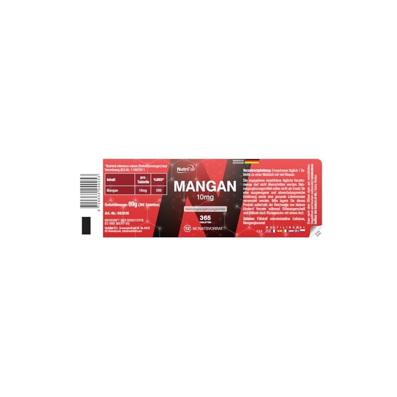 Manganese 10mg - 365 Tablets - Trace Element for Connective