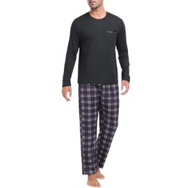 MoFiz Mens Pajama Sets Long Sleeve Sleep Lounge Set 2 Piece Christma Pj Set Soft Lightweight Nightwear Crew Neck Black Pajama Tops and Plaid Bottoms with Pockets 3XL
