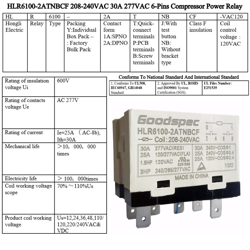 HLR6100-2ATNBCF 208-240VAC 30A 277VAC 6-Pins Compressor Power Relay