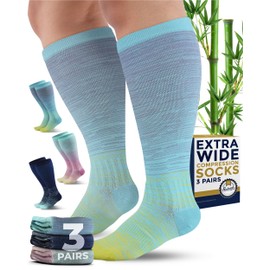 Pembrook 3 Pairs Plus Size Compression Socks Wide Calf - 15-20 mmHg Bamboo Viscose Compression Socks Men Wide Calf, Plus Size Knee High Socks, xxl Compression Socks Men, Line Patterns