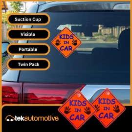 Tek Automotive Kids on Board Car Sticker Sign – Twin Pack, Visible Orange, 14x14cm – Semi-Rigid Vinyl Child on Board Car Sign with Window Suckers – Car Accessories for Kids Safety