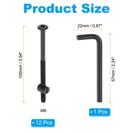 PATIKIL M6 x 100mm Bunk Bed Bolts, 12 Pack Hex Drive Socket Cap Barrel Screws Bolt Nuts Assortment Kit with 1Pcs Wrench for Furniture Bed, Black