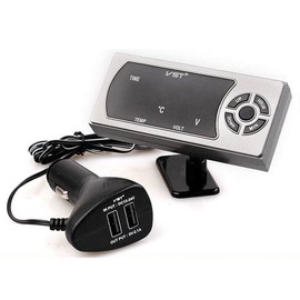 VIGORWORK 4 in 1 Multi-Function Car Charger Dual USB Phone Car Charger with Clock Voltmeter Thermometer