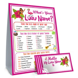 Funny Luau Theme Game Cards Set, What's Your Luau Name Game Card, Including 1 Luau Name Game Sign and 30 Name Sticker, Perfect for Birthday Party Game Activities