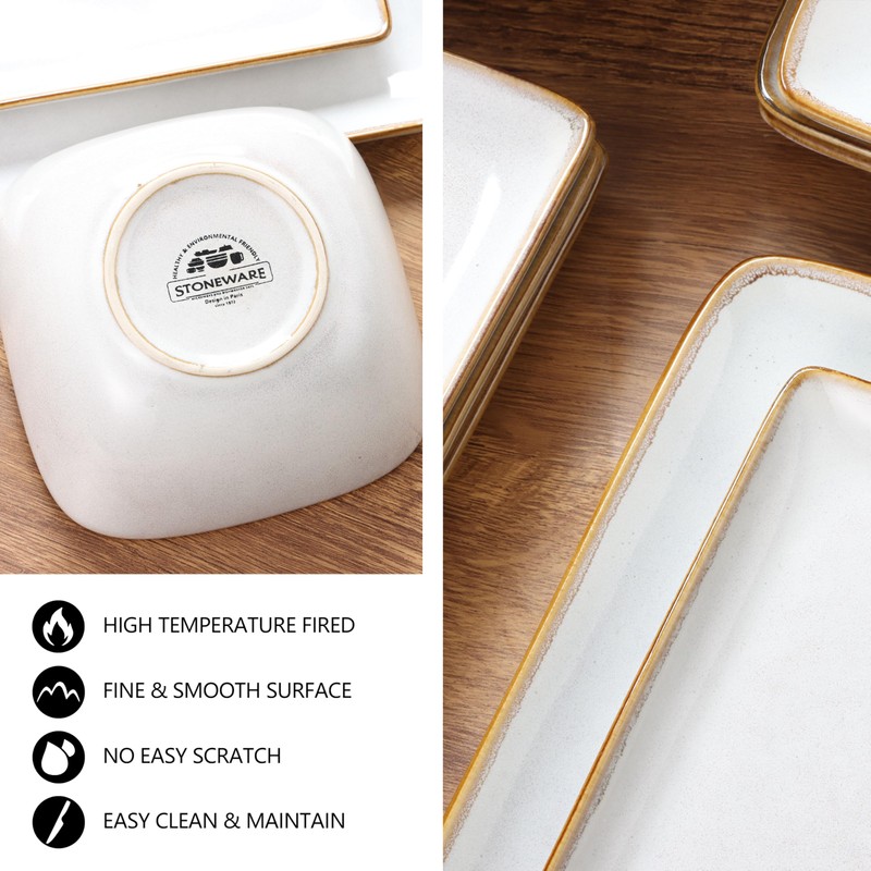 E-far Square Plates and Bowls Sets, 12-Piece Stoneware Dinnerware Sets