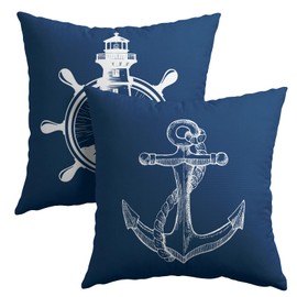 Granbey Coastal Navy Blue Throw Pillow Covers 18x18 Set of 2 Nautical Anchor Lighthouse Decorative Pillow Cases Summer Ocean Theme Cotton Linen Cushion Cover for Home Sofa Couch Bed Decor