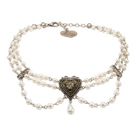 Alpenflüstern DHK230 Traditional Pearl Choker Necklace Traditional Heart Elegant Costume Necklace with Traditional Heart Nostalgic Women's Costume Jewellery Dirndl Necklace in Black and Cream White,