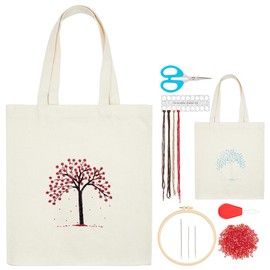 FREEBLOSS DIY Embroidery Canvas Bag Kit Tree of Life Pattern Bead Embroidery Handbag Kit with Instruction Beginner Embroidery Kit Bead Needlework Set Canvas Bag Cross Stitch Kit for Sewing Project