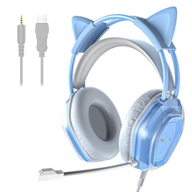 Wantek Cute Cat-Ear Gaming Headset - 50mm Drivers, Noise-Cancelling Mic, 3.5mm Wired Stylish & Lightweight Design (Blue)