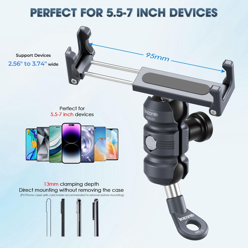 KAPARNER Motorcycle Phone Clip Kit, Anti-Theft Double Socket Arm/Angled Bolt-Head