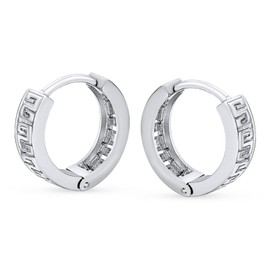 Cutout European Greek Key Design Huggie Hoop Earrings For Women Men .925 Sterling Silver Polished Hinged Diameter 0.65 Inch