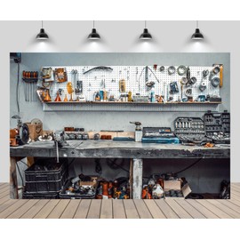 CHNYWORK 7x5ft Mechanic Tools Backdrop Garage Retro Car Bike Repair Tools Wooden Desk Background Themed Workers Kids Boys Mans Fathers Day Birthday Party Decoration Photo Studio Wallpaper