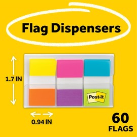 POST-IT 3M Banderitas Adhesivas Reposicionables Rígidas 60 hojas Resaltar información, Marcar páginas, Adhesión firme, Sin residuos, 23.8 x 43.2mm, 6 pads con 60 piezas c/u, Varios colores