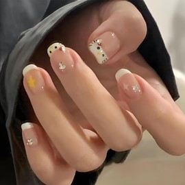 French White False Nails, Starry French Tips Elegant with Rhinestones and Cute Cat Design 24PCS Short Square Acrylic Nail Kit with Accessory Tools and Sparkling Rhinestones