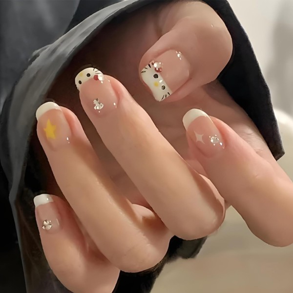 French White False Nails, Starry French Tips Elegant with Rhinestones
