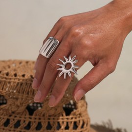 Minimalist Chunky Ring for Women Geometric Rectangle Statement Thick Finger Bands Stacking Rings Stainless Steel Thumb Band Fashion Jewelry (Silver)