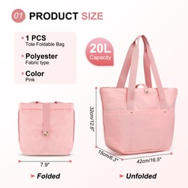 SUIKIHUM Tote Bag for Women, Work Bag Handbag Polyester Foldable Waterproof with Zipper, Large Capacity for Gym Travel Beach Essentials, Pink