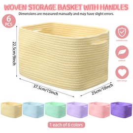 Hushee 6 Pack Cotton Rope Storage Baskets for Organizing Shelves 15''x10''x9'' Larger Woven Storage Bin Decorative Basket Cube Storage Organizer for Clothes Books Towels Nursery(Pastel Style)