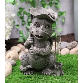 Ebros Whimsical Raindrops Keep Falling On My Head Baby Dragon with Lilypad Umbrella Rain Gauge Statue Fairy Garden Faux Stone Resin Figurine