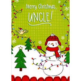Designer Greetings Cute Snowman and Yellow Bird Wearing Red Hats : String Lights Juvenile Uncle Christmas Card from Child : Kid