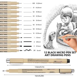 Svalor Fineliners Pens, 12 Piece Micron Fine Liner Pens Black with 12 Different Line Widths, Drawing Pens for Artists, Black Fineliner Pens for Illustration, Sketching, Technical Drawing