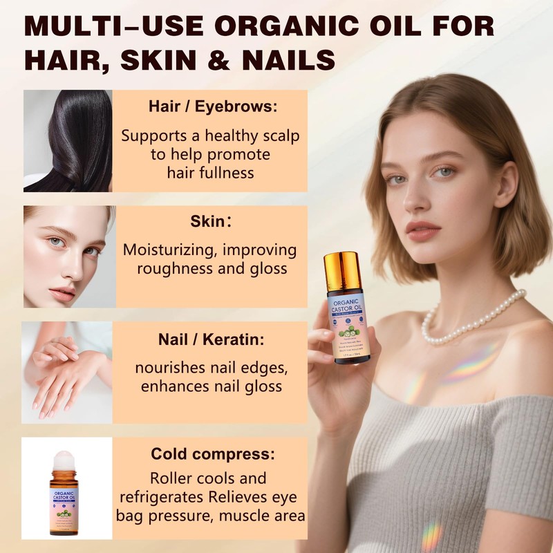 LHBMET Organic Castor Oil with Rose Quartz Roller, Cold-Pressed Pure