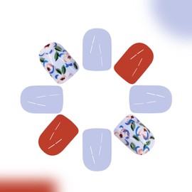 Press on Nails Square Short Fake Nails with Flower Designs Blue Nails Press ons Glossy Glue on Nails Red Brown Acrylic Nails Fall Winter False Nials Artificial Stick on Nails for Women 24Pcs