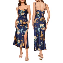 UTNISAN Wedding Guest Dress for Women Spaghetti Strap Satin Slip Cocktail Formal Midi Evening Party Dresses (XS, Blue Floral)