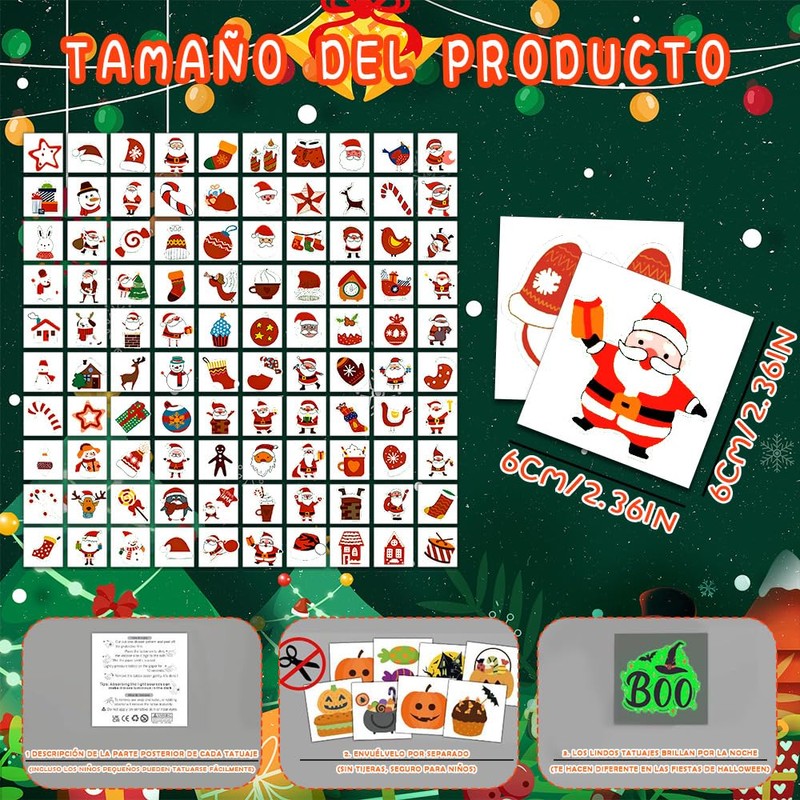 Tatuajes de Navidad, 204pcs Tatuaje De Navidad Pegatinas, Cicatriz Tatuaje