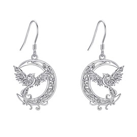 Phoenix Earrings 925 Sterling Silver Crescent Moon Phoenix Earring Hanging Phoenix Jewellery Gifts for Women Girls Mother, Sterling Silver